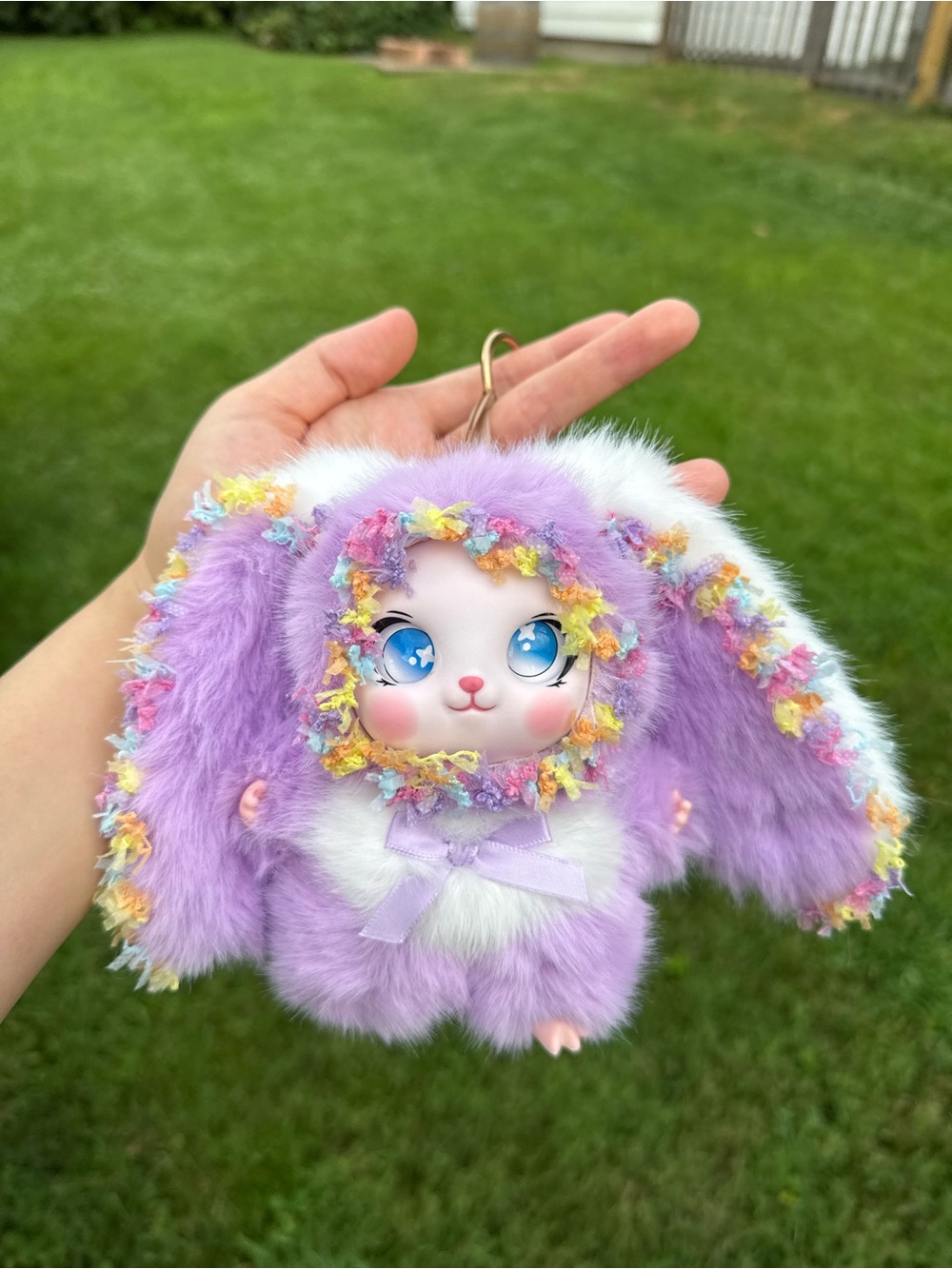 Cute Purple Bunny Plush Keychain with Pastel Trim and Big eyes. birthday gift